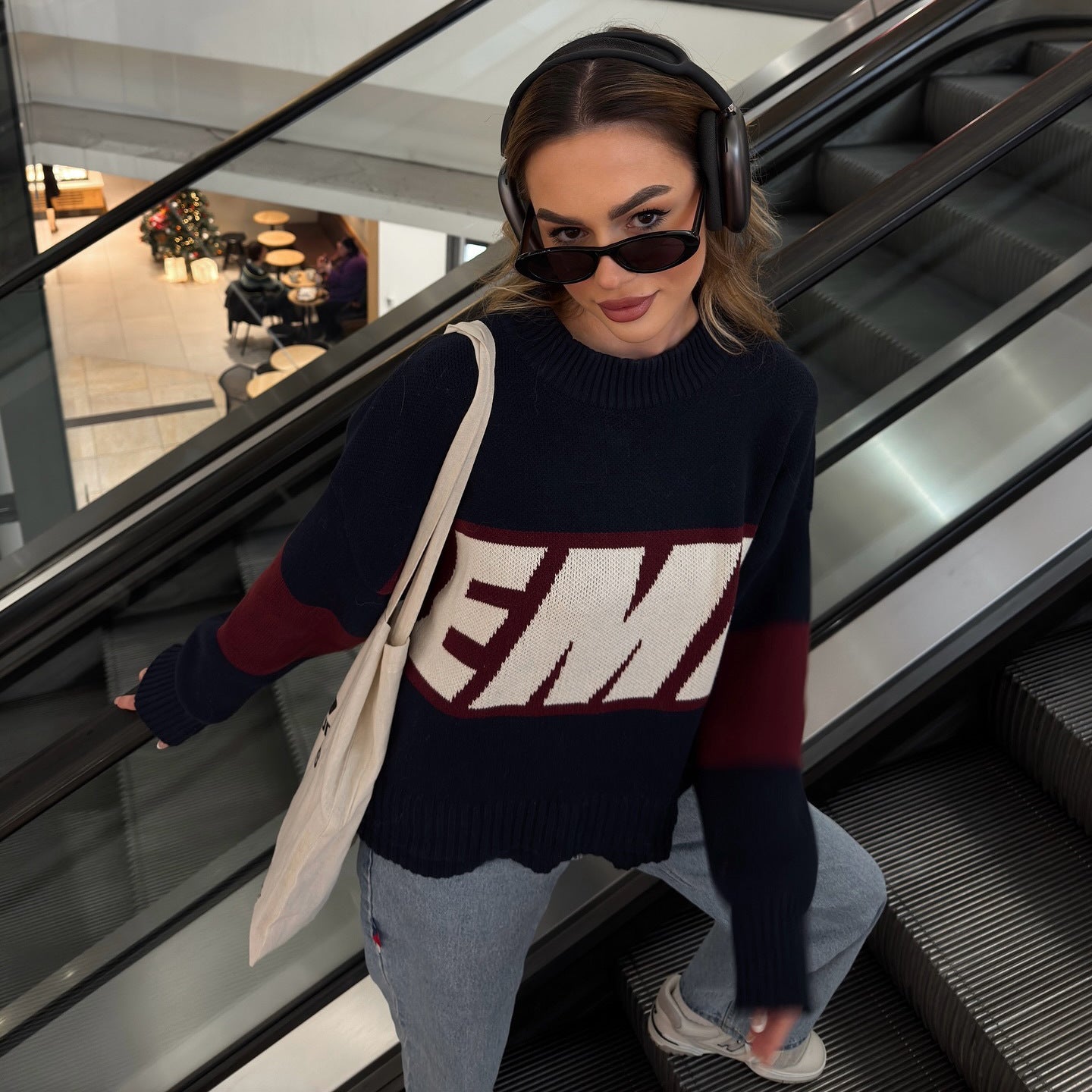 Letter Pattern Round Neck Long Sleeve High Street Loose Sweaters