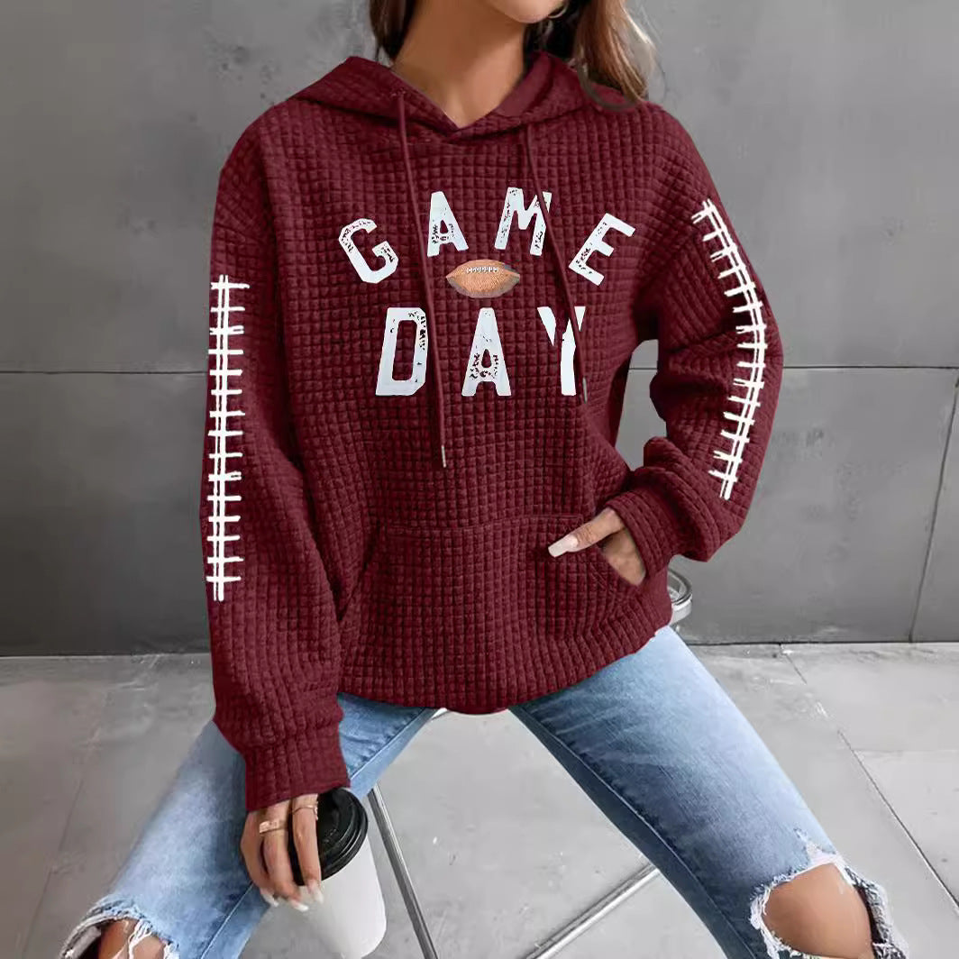 Women's Waffle Match Day Letter Print Round Women's Sweater, Sweater