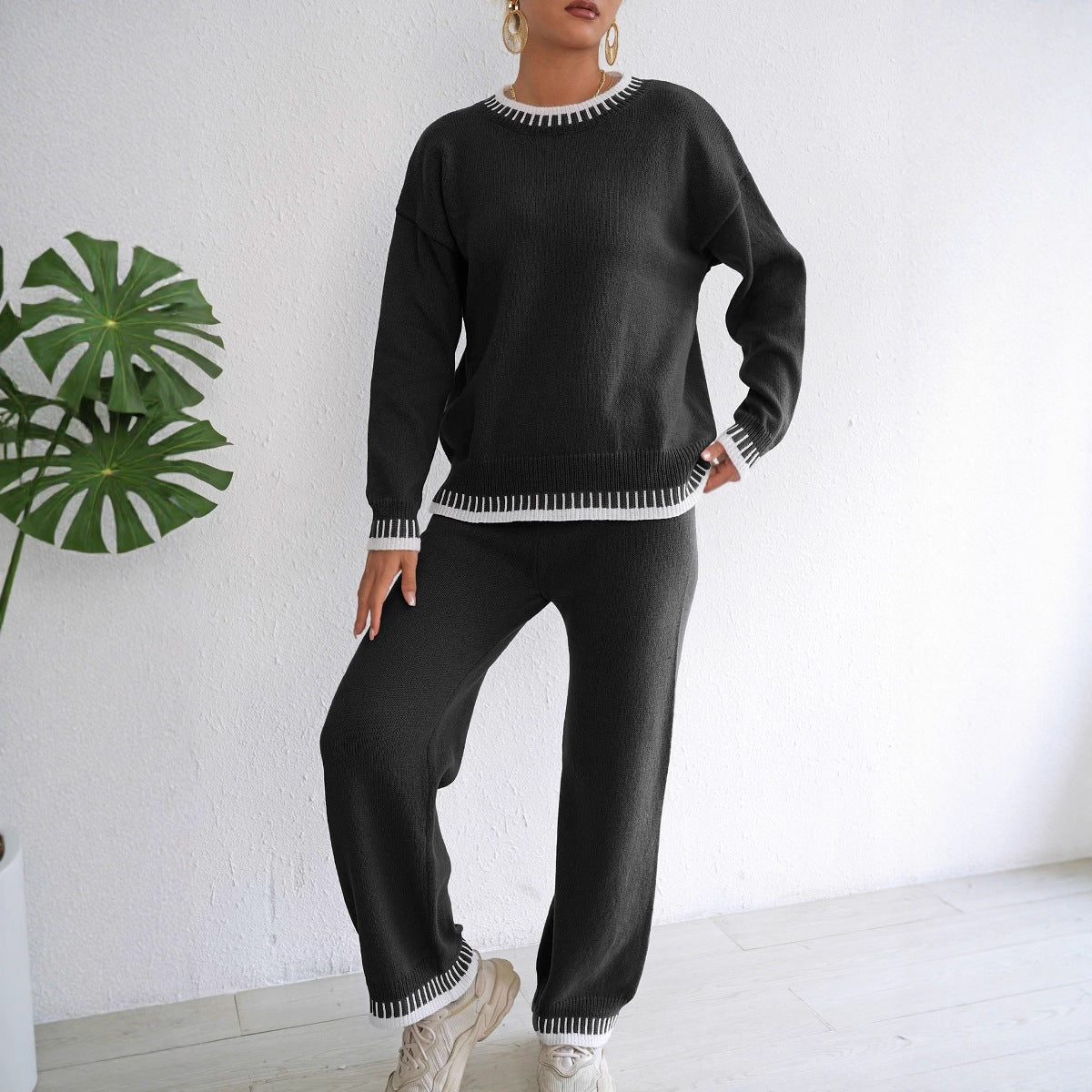 Women's Home Wear Casual Two-piece Color Contrast Patchwork Pullover Straight Sweaters