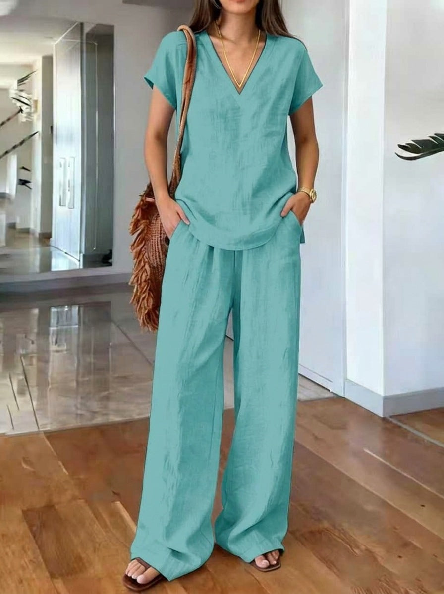 Women's Breathable Loose Slimming Solid Color Short-sleeved Trousers Pants