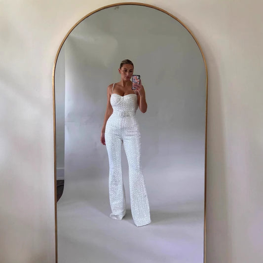 Women's Fashion Sexy Chain Belt Sequined Backless Jumpsuits
