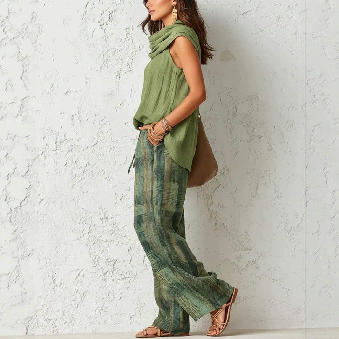 Beautiful Women's Retro Style Sleeveless Plaid Fashion Casual Suit
