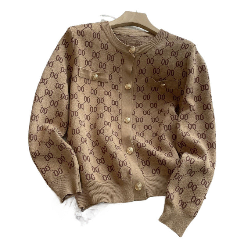 Classic Style Metal Buckle Letter Jacquard Knitted Round Neck Cardigans
