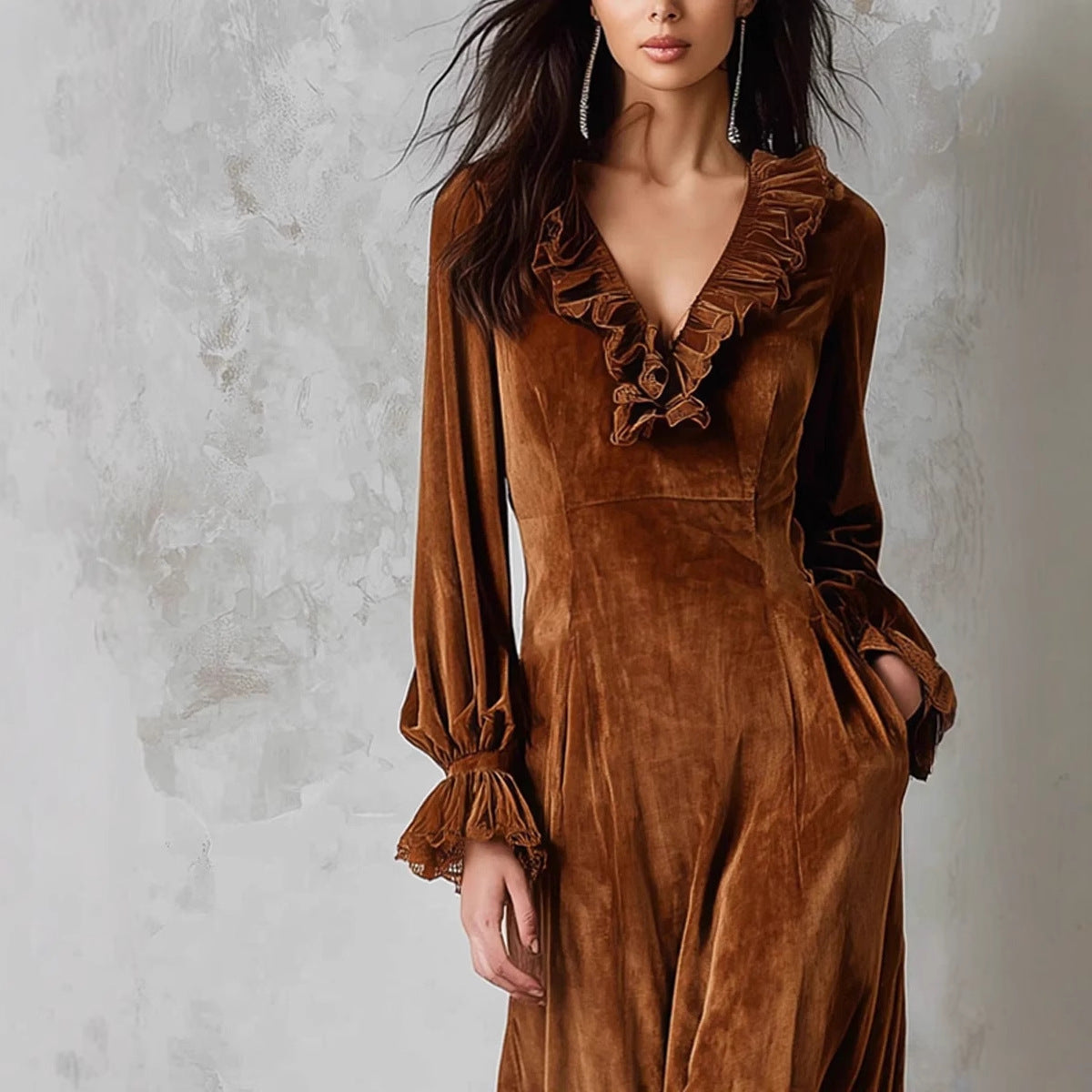 Women's French Lace Patchwork Puff Sleeve Ruffled Dresses
