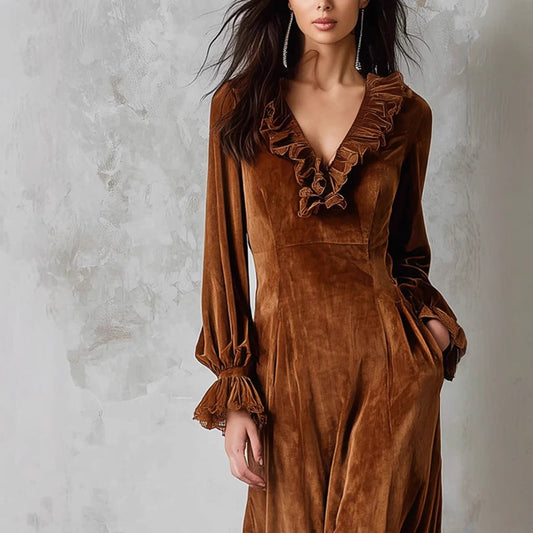 Women's French Lace Patchwork Puff Sleeve Ruffled Dresses