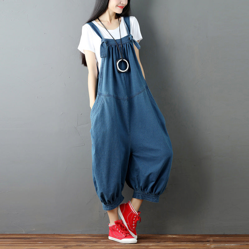Women's Knitted Denim Overalls Korean Fashion Hanging Crotch Jeans