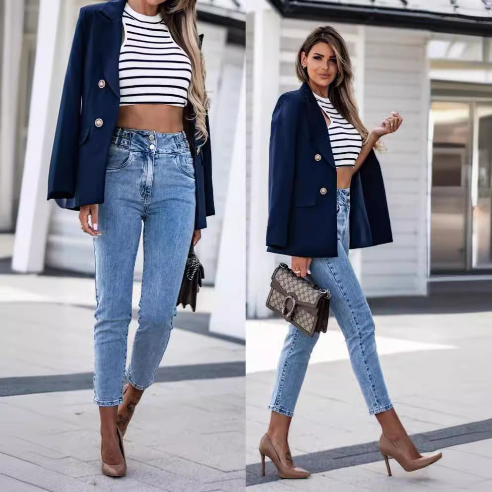 Beautiful Women's Autumn Slim Double-breasted Fashion Small Suit