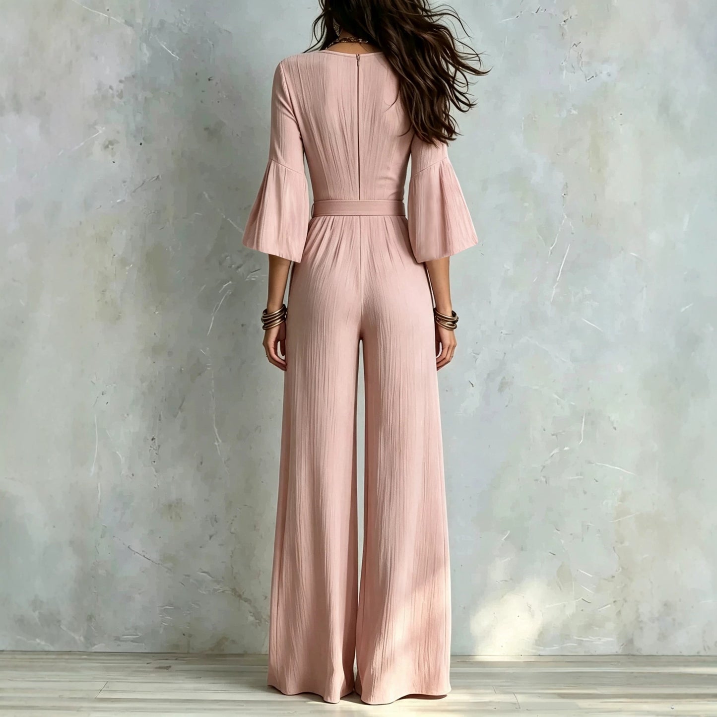 Deep V Puff Sleeve One-piece Female Belt Jumpsuits