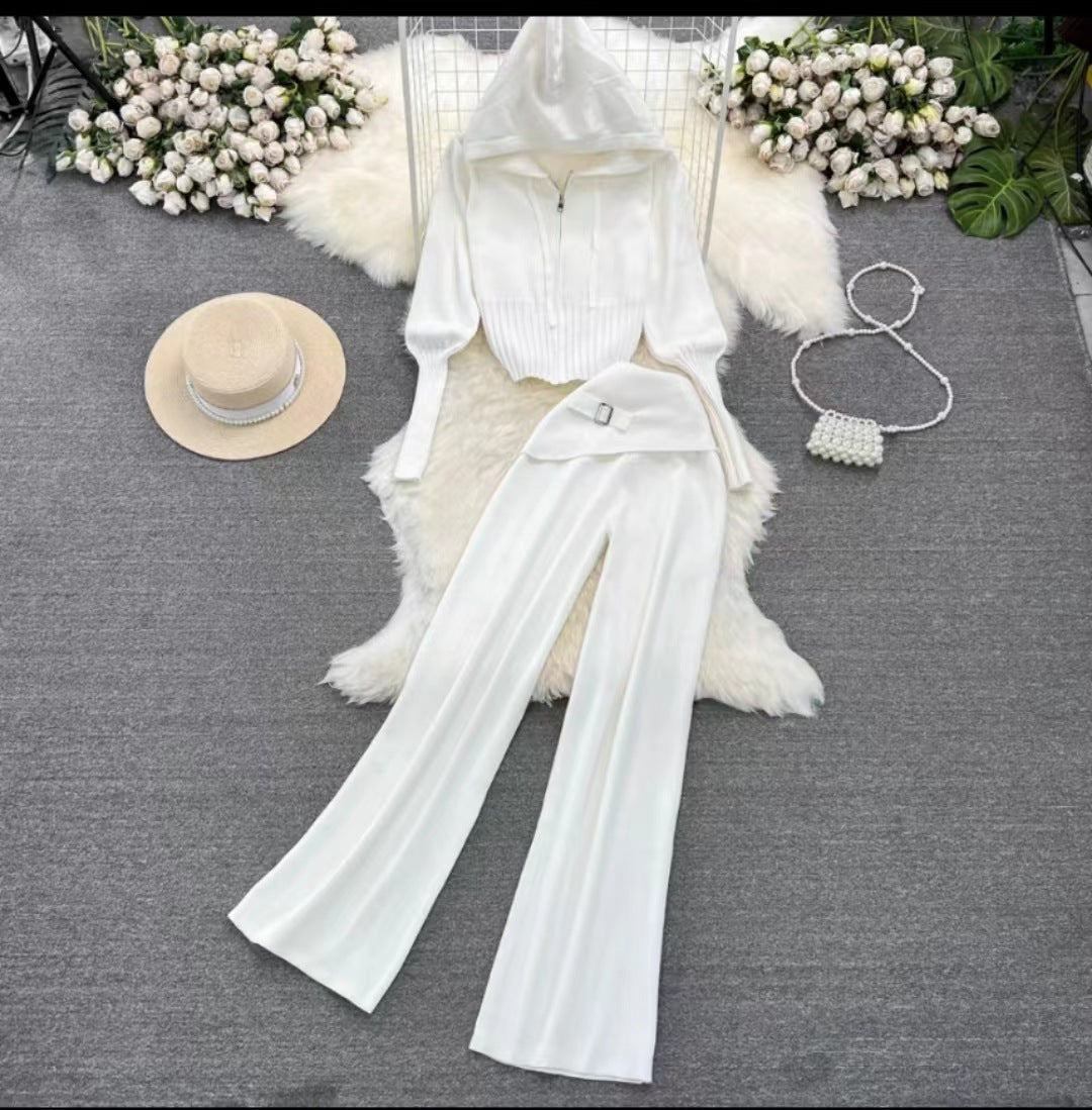Women's Zipper Slim Fit Knitted Hooded Two-piece Set Suits