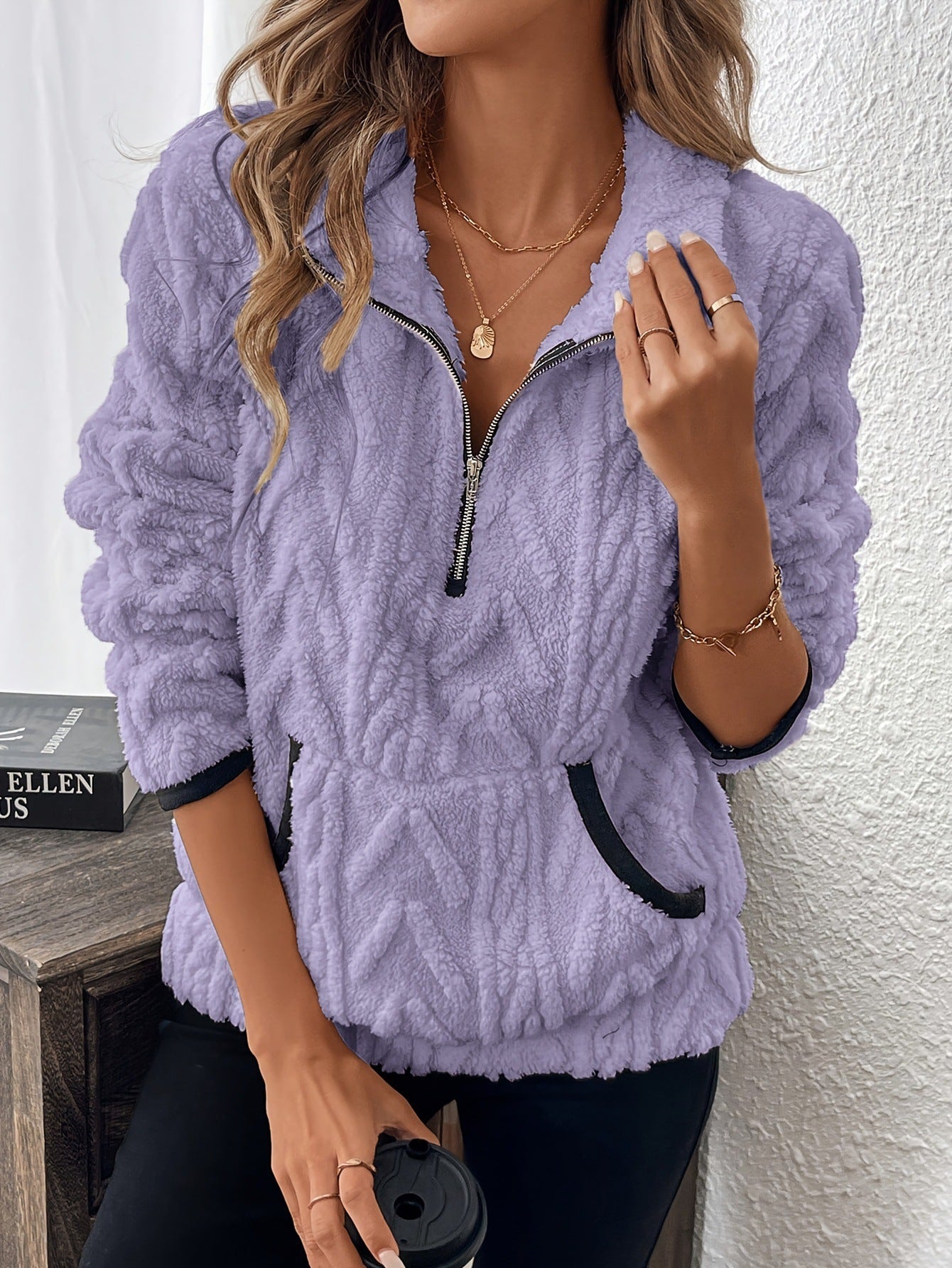 Lapel Classic Style Jacquard Half Zipper Plush Women's Sweater, Sweater