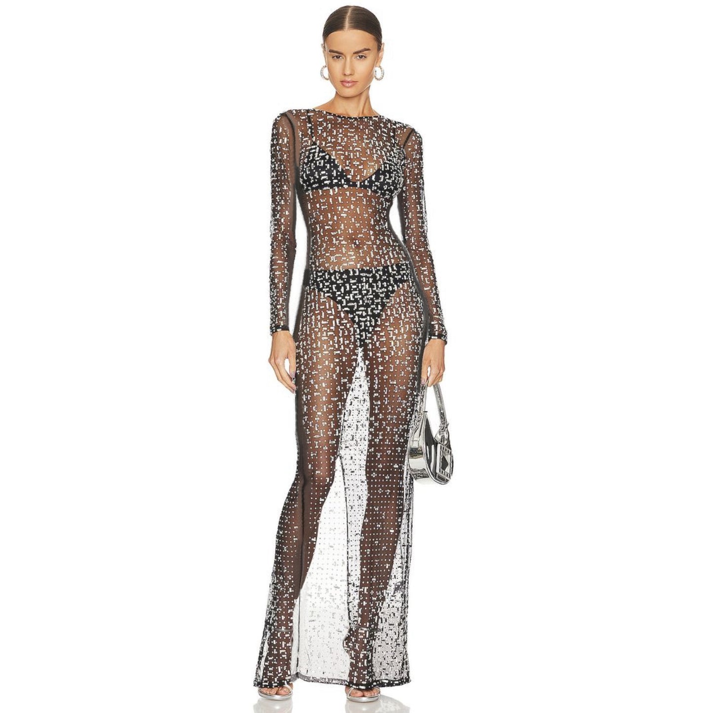 Fashion Sexy Rhinestone Mesh Long Sleeve Dresses