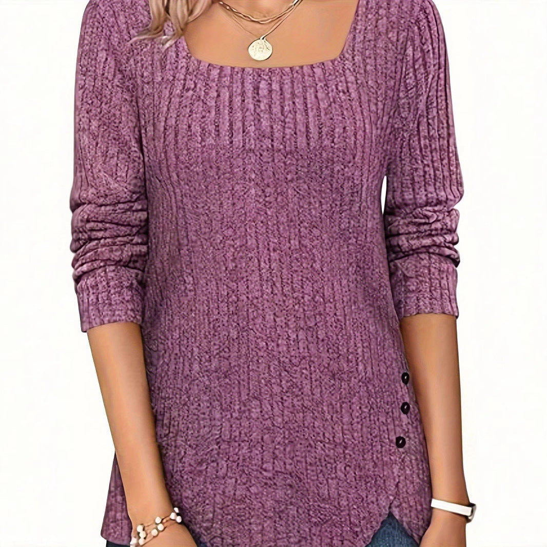 Women's Color Rib Fabric Square Collar Loose Women's T-shirt