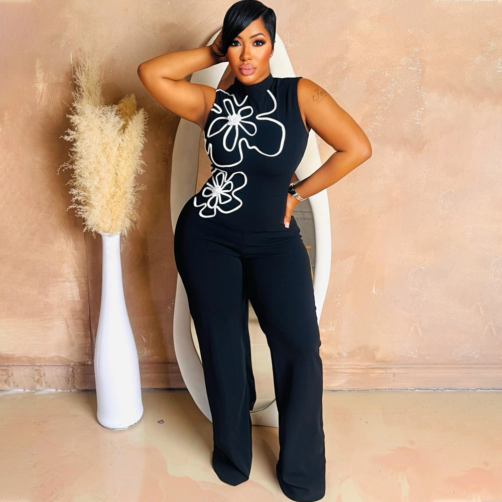 Women's Neck Sexy Sleeveless Flower Design Slim Fit Jumpsuits