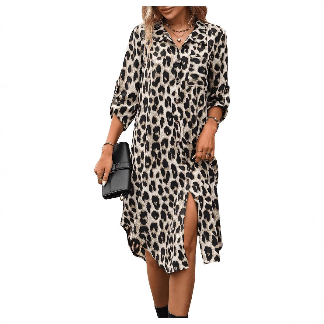 Women's Leopard Print Sleeve Shirt Woven Loose Fashion Ladies Slit Dress