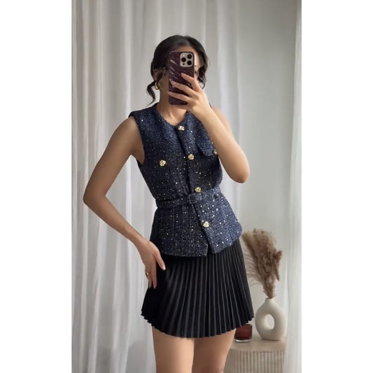 Women's With Belt Sequin Decorative Texture Tops