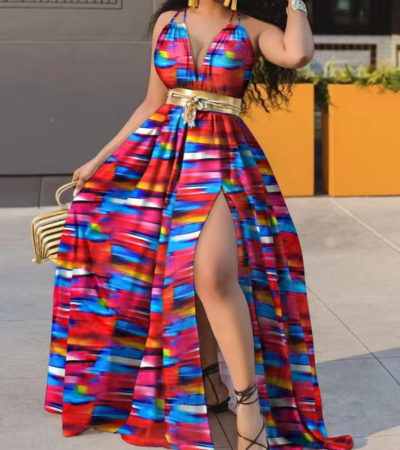 Women's Printed Elegant Sleeveless Sexy Slit Large Dress
