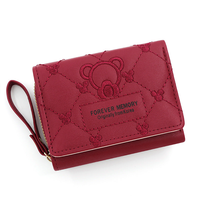 Women's Korean Style Cute Bear Embroidered Short Ladies Wallets