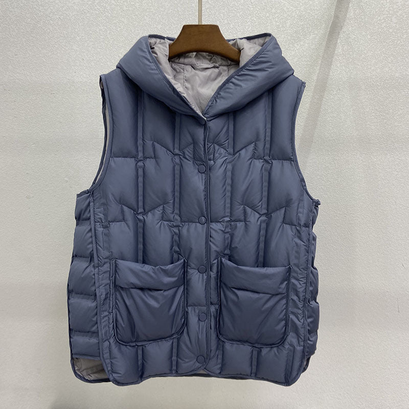 Women's Lightweight Warm Seamless Adhesive Hooded Down Sleeveless Vests