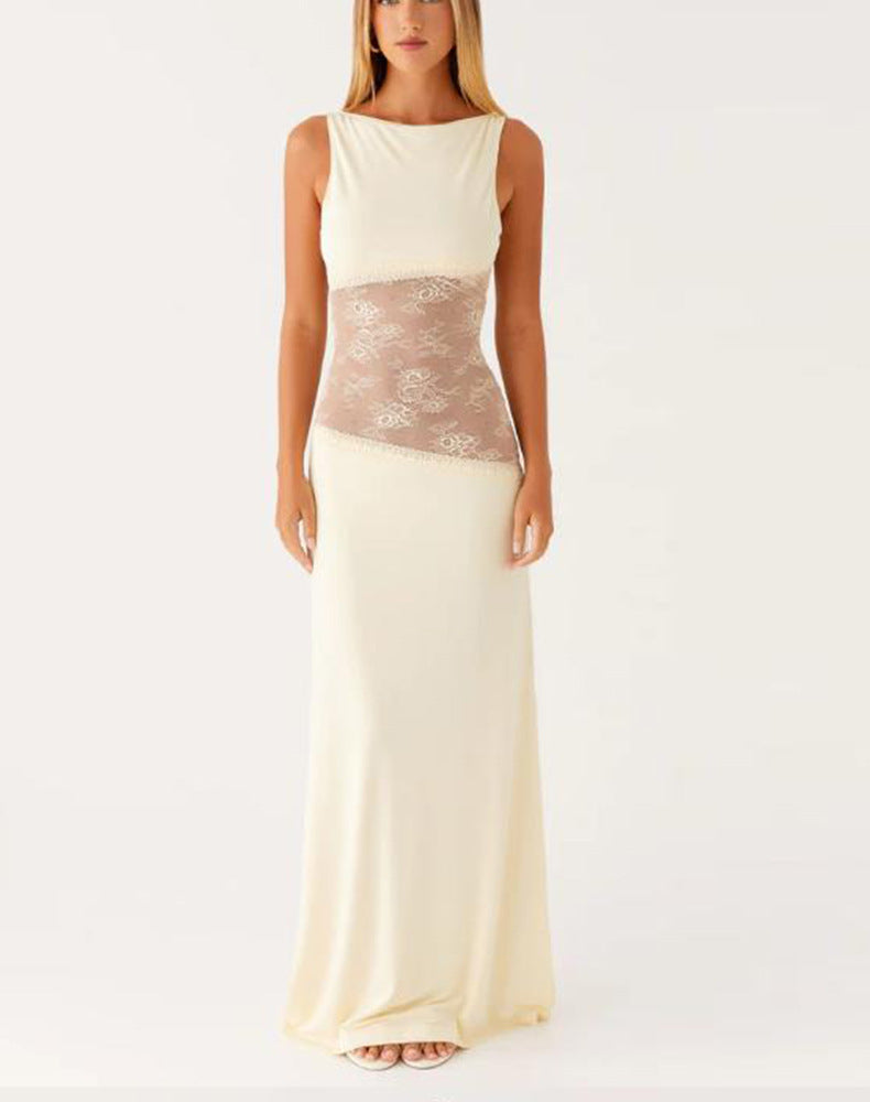 Lace Satin Stitched Backless Long Slimming Jumpsuits