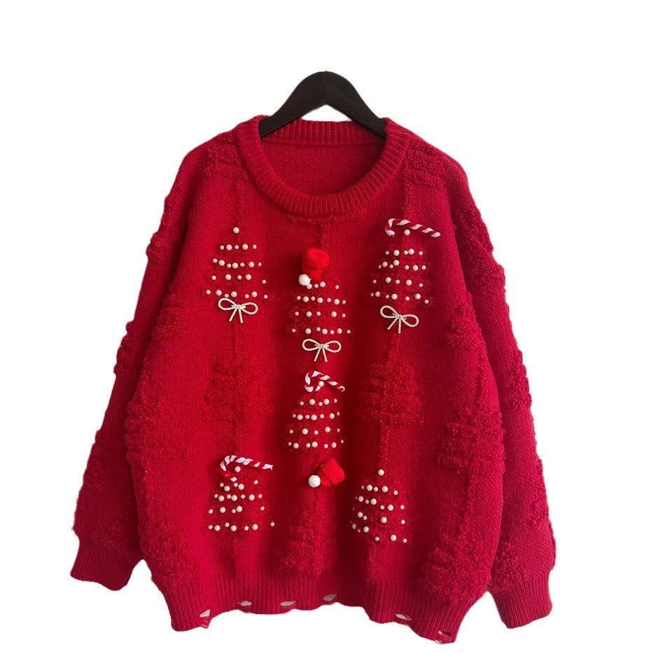 Handmade Pearl Christmas Theme Three-dimensional Decoration Sweaters