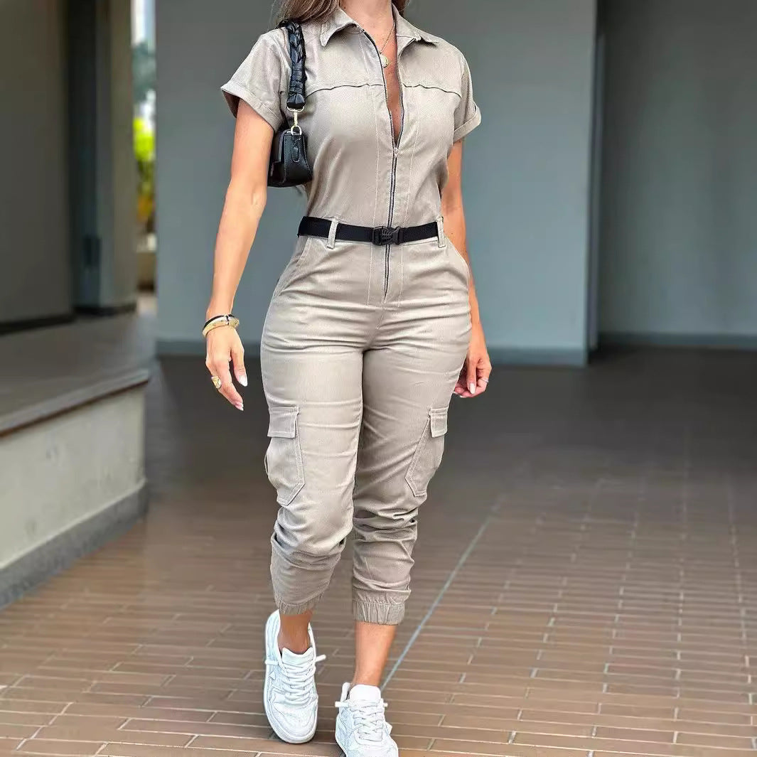 Women's Fashion Zipper Coveralls Sleeve Lapel Belt Jumpsuits