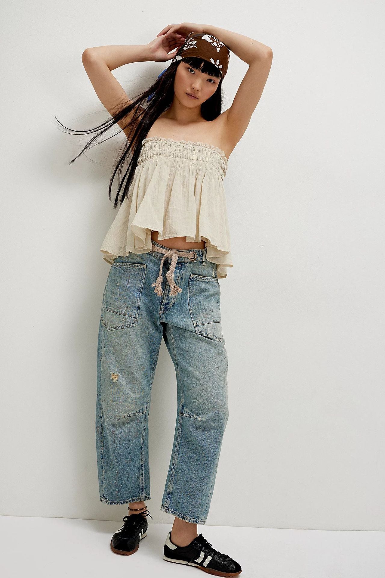 Retro Washed Stitching Patchwork Straight Drawstring Women's Jeans