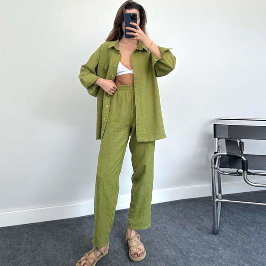 Women's Lady Loose Long-sleeved Shirt Trousers Two-piece Suits