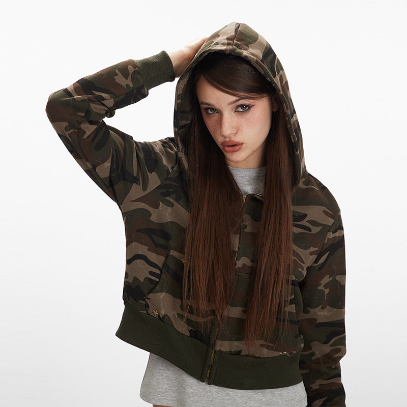 Women's American Camouflage Hot Hooded Zipper Retro Sweaters