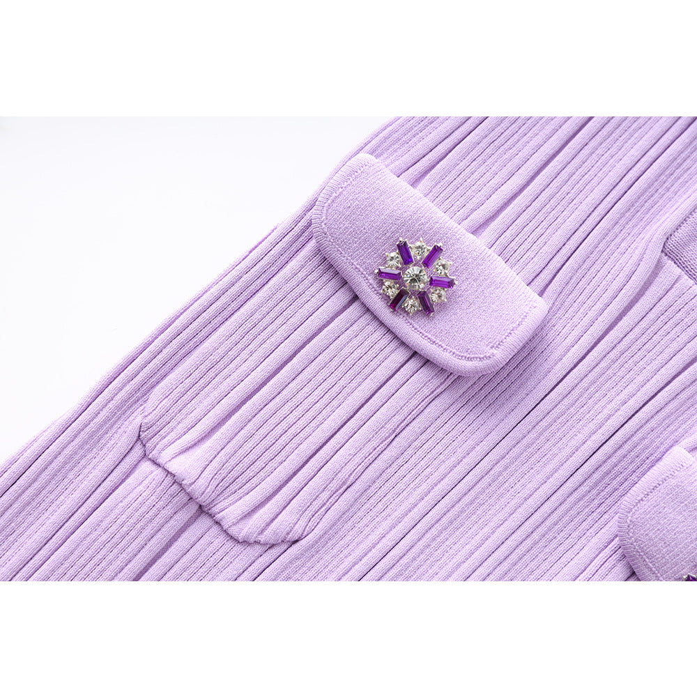 High Quality Purple Collar Drill Buckle Slim Fit Slimming Dresses
