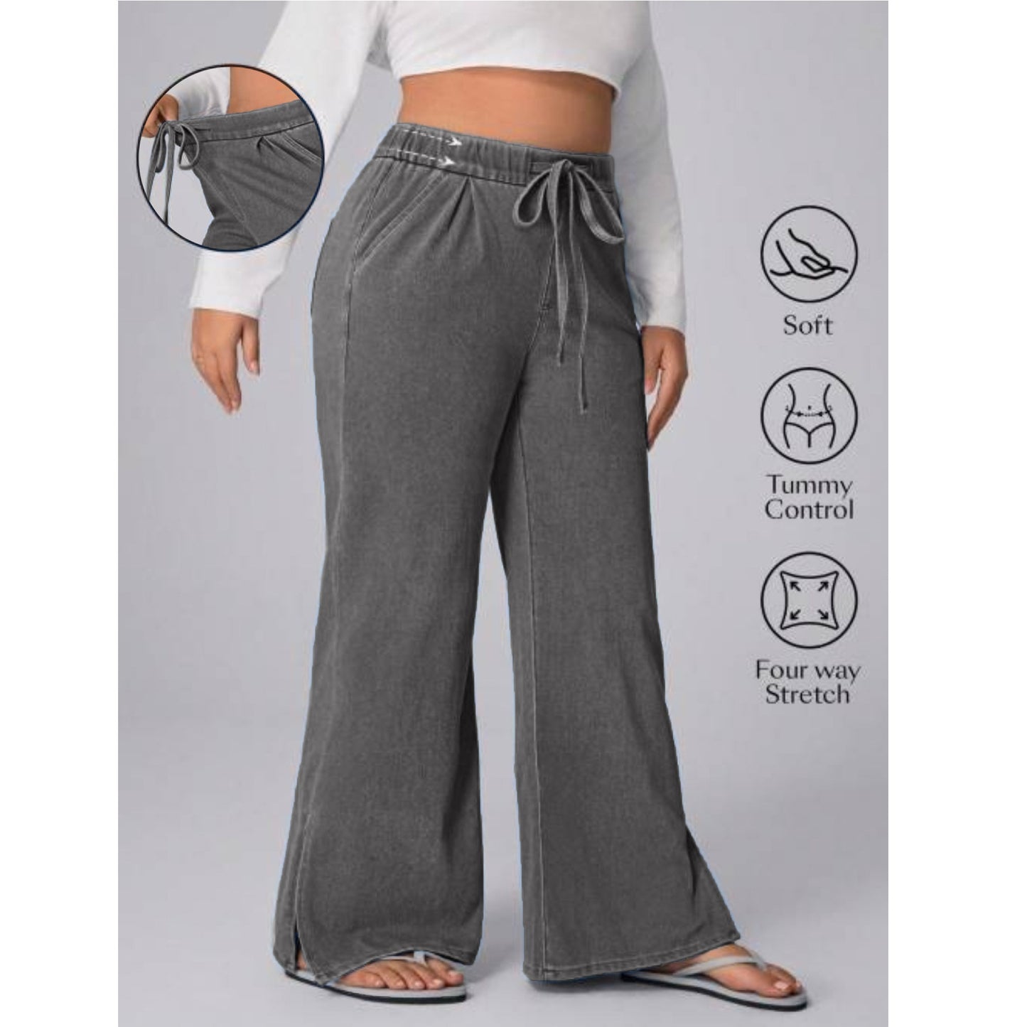 Women's Drawstring Washed Stretch Casual Loose Wide Pants
