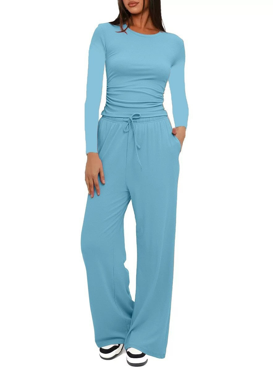Solid Color Long Sleeves Outfit High Waist Wide Tops