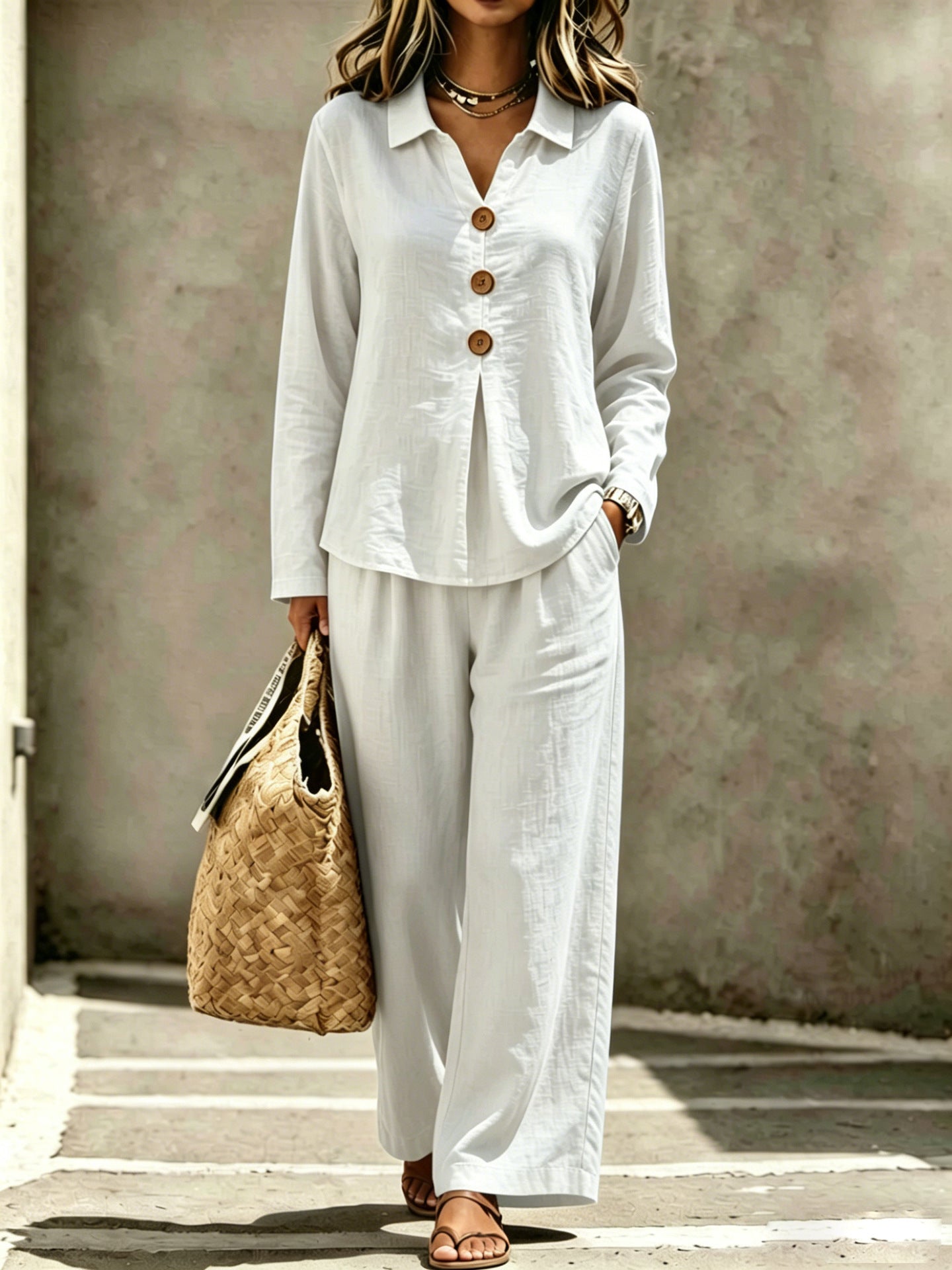 Lady Collar Decorated With Buttons Long-sleeved Trousers Suits