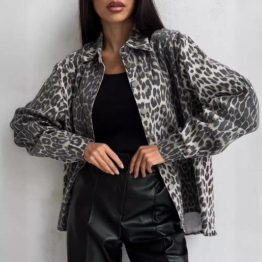 American Vintage Leopard Print Niche Lapel Denim Jackets