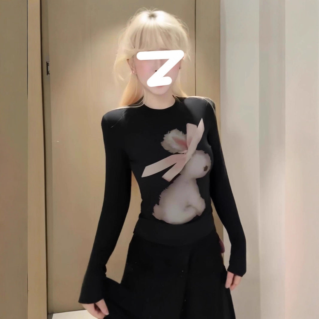 Bunny Personalized Printed Long Sleeve Slim Waist Stretch Beautiful Women's T-shirt