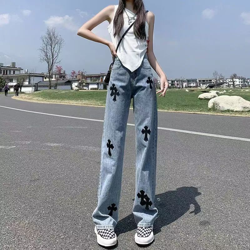 Women's High Waist Straight Slimming Fashion Cross Jeans