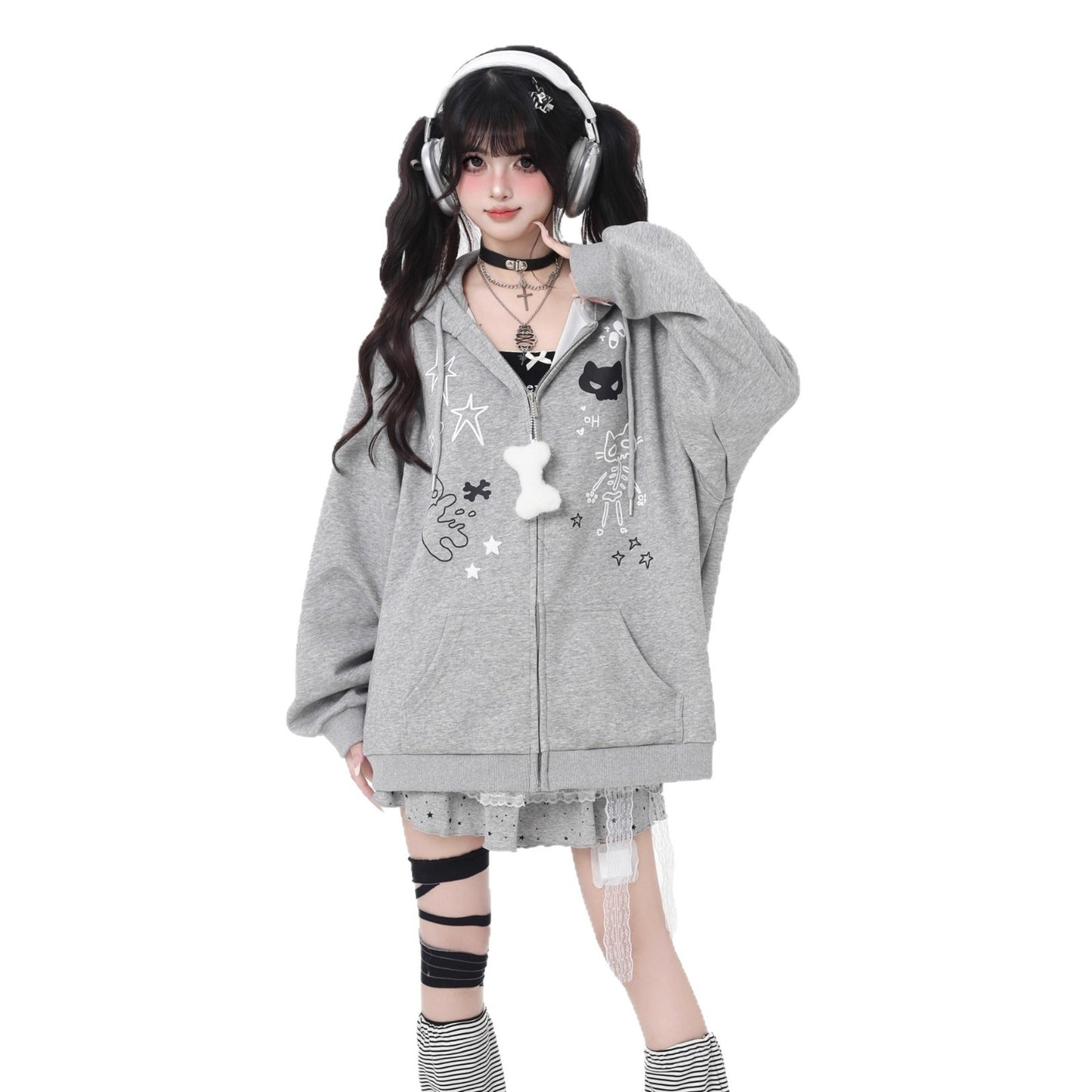 Style Cute Cat Gray Hooded Long Sleeve Sweaters
