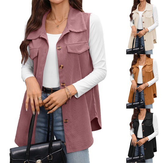 Slouchy Solid Color Buttons Corduroy Ladies Women's Vest