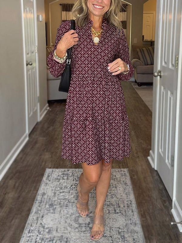 Collar Sleeve Digital Printing Diamond Pattern Dress