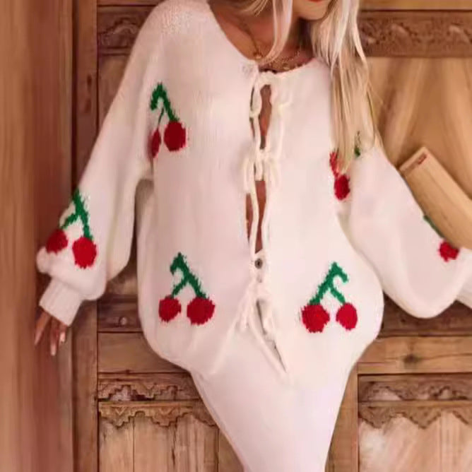 Women's Solid Color Cherry Jacquard Knitted Sweaters