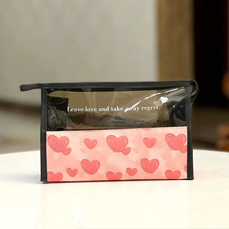 Zipper Translucent Love Peach Heart Flocking Large Capacity Portable Handbags