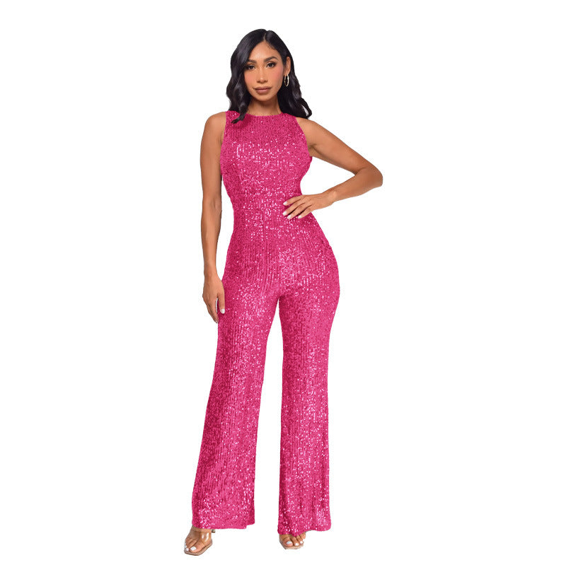 Women's Wind Sleeveless Sequined Round Neck Slim Jumpsuits