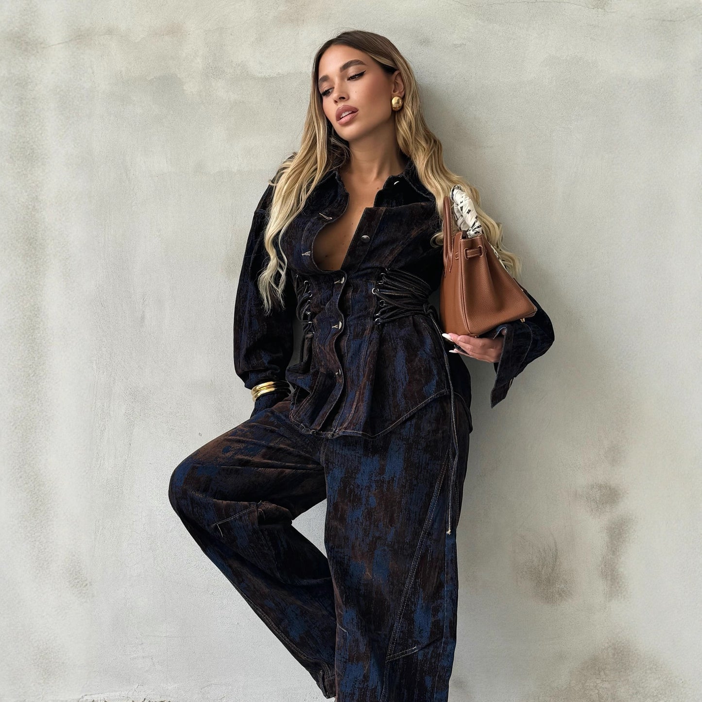 Autumn Design Printed Flocking Contrast Color Suits