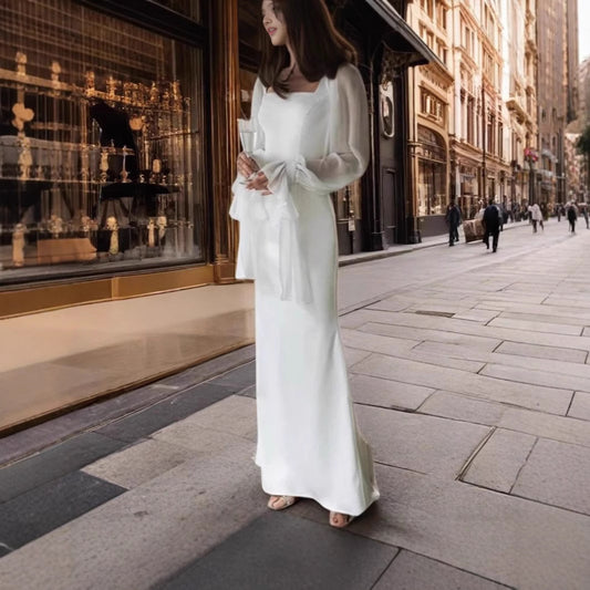Style Temperament Square Collar Stitching Mesh Micro Transparent Dresses