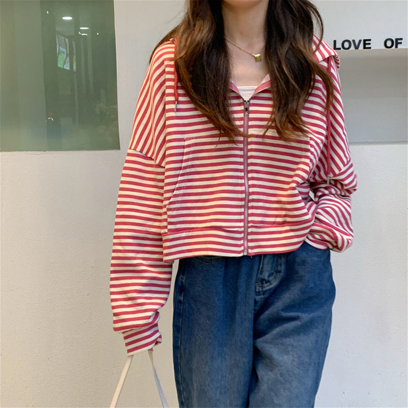 Women's Style Vintage Stripe Hoodie Casual Zipper Tops