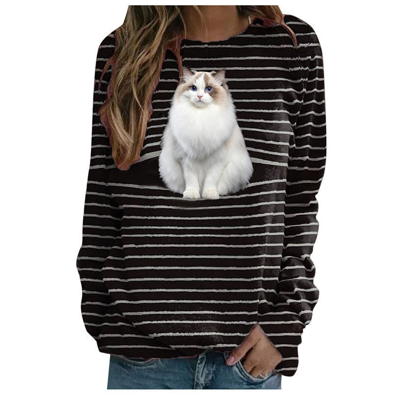 Women's Cat Printing Casual Long Sleeve Striped Women's T-shirt