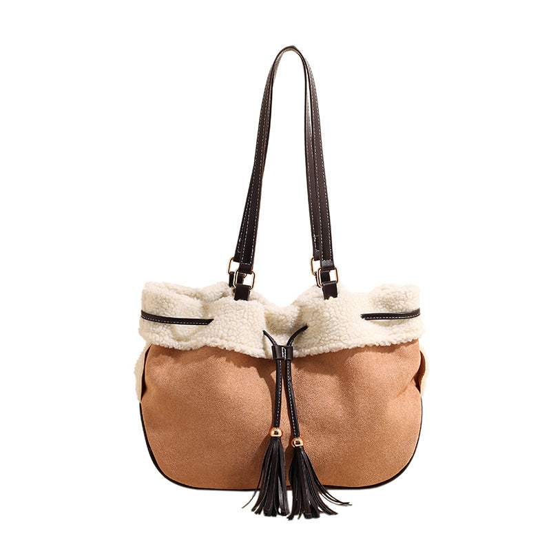 Women's Plush Large Capacity Korean Fashion Lamb Wool Retro Tote Bags