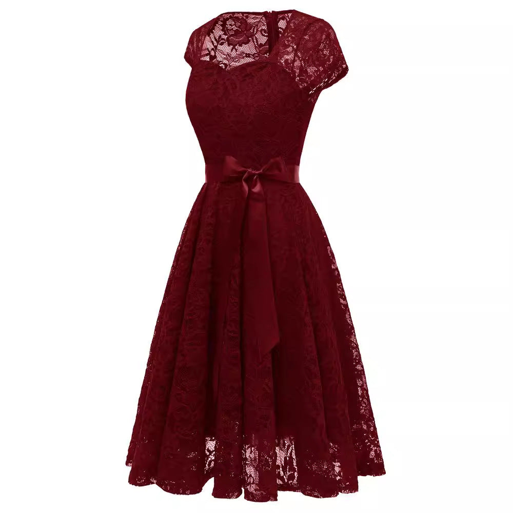 Women's Elegant Lady Mid-length Lace Short-sleeved Dress Dresses