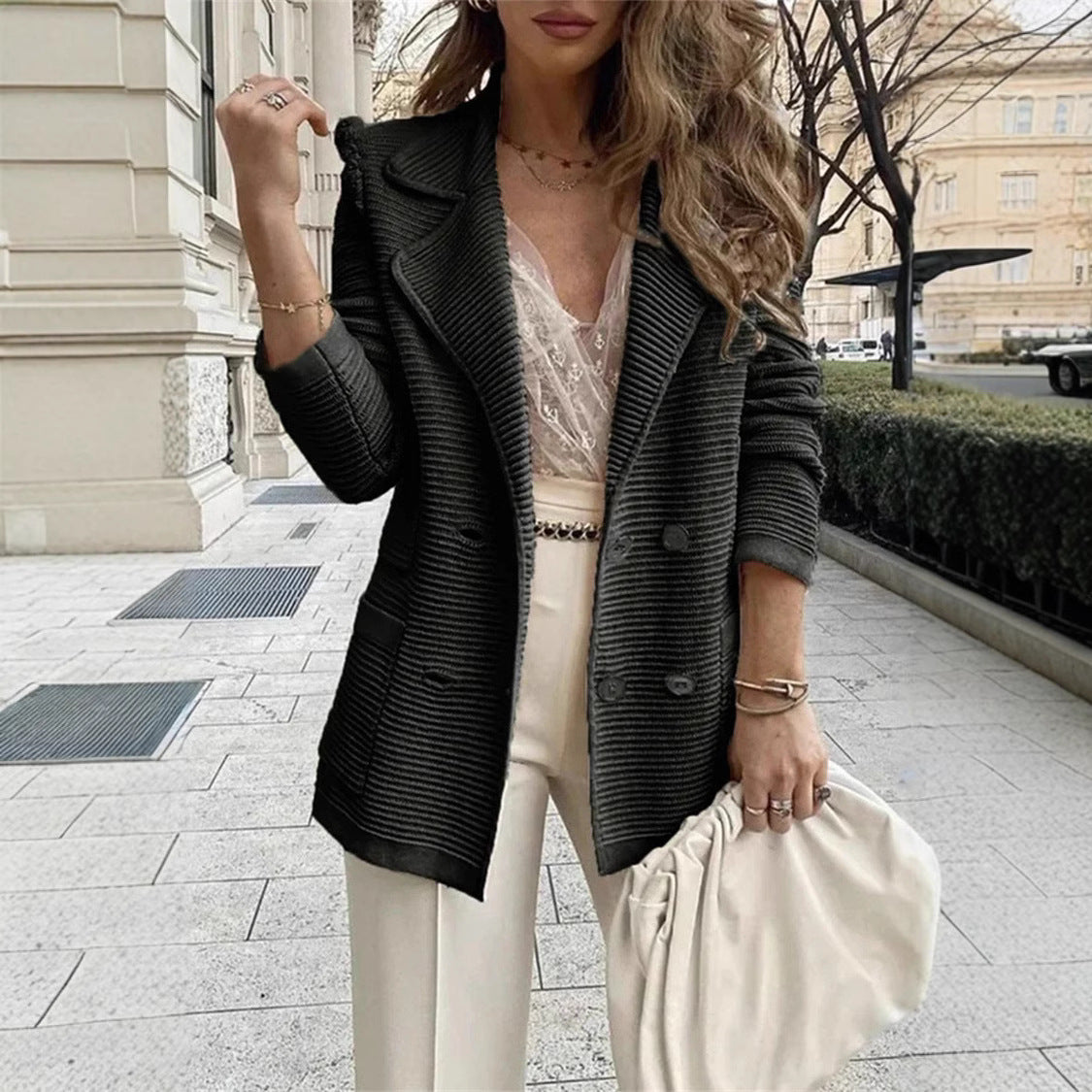 Women's Solid Color Rib Fabric Casual Baggy Small Suit