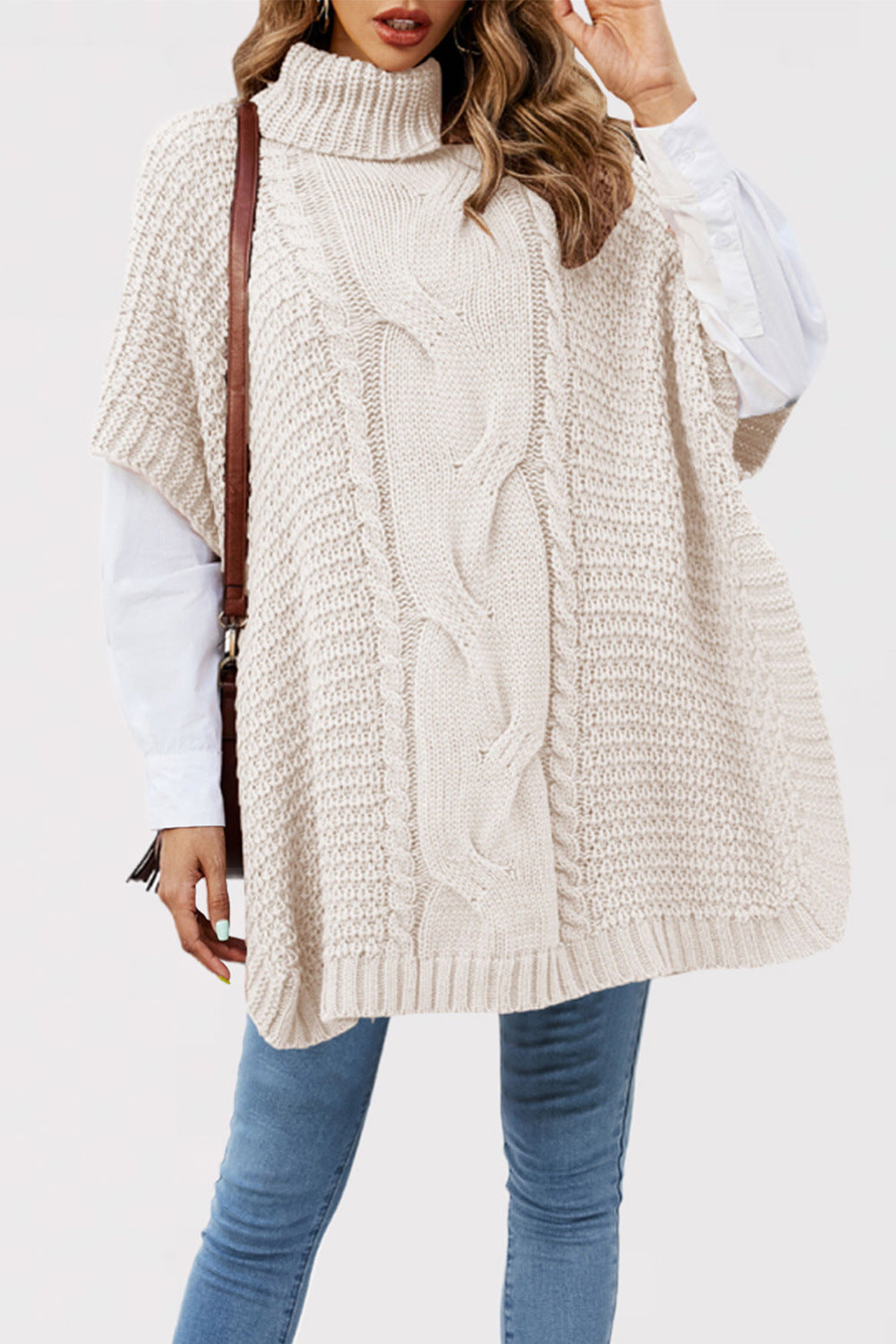 Women's Turtleneck Twist Shawl Loose Half Sleeve Sweaters