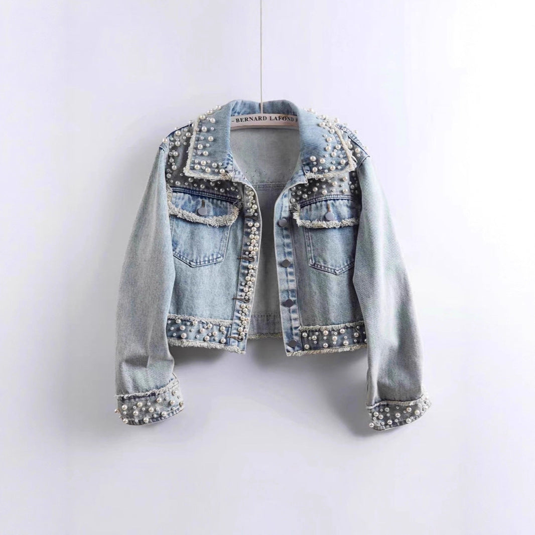 Women's Design Washed Denim Autumn Beaded Fashion Jackets